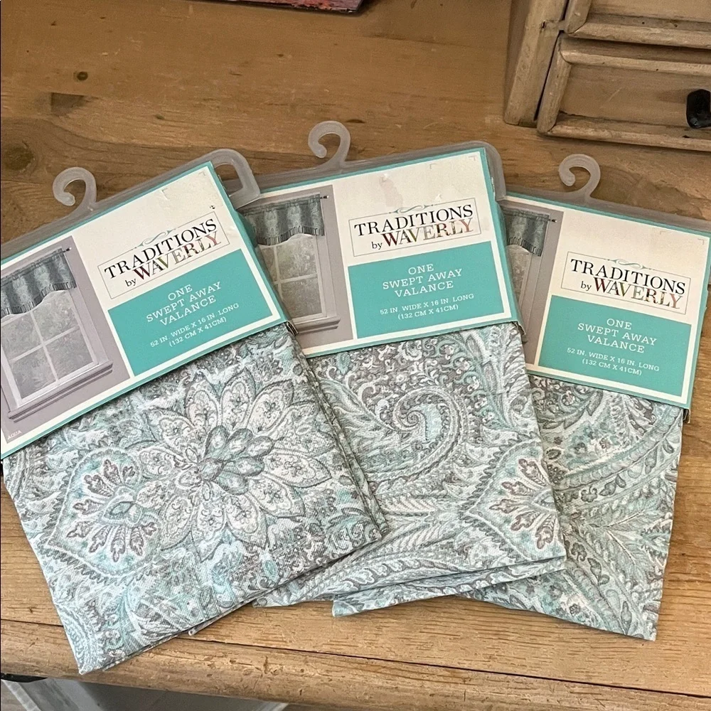 Three 3 Traditions by Waverly Swept Away Valances NWT Aqua 52” x 16”